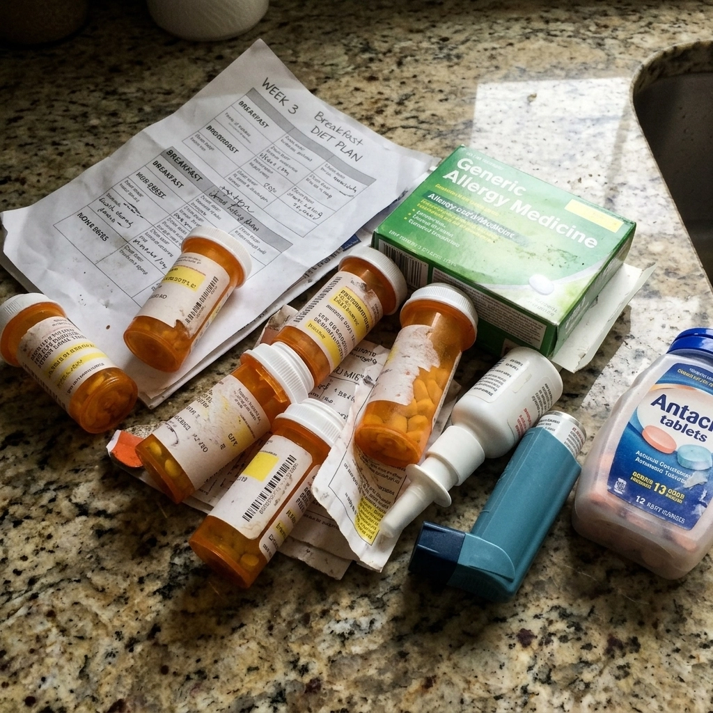 A kitchen counter covered with failed remedies — pill bottles, allergy medicine, a nasal spray, an inhaler, antacids, and a diet plan