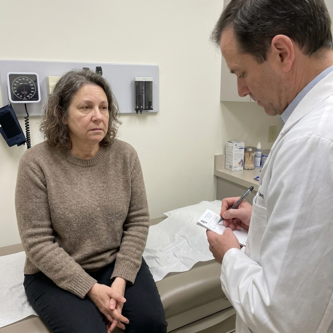Karen on the exam table, tired and unheard, while the doctor writes a prescription