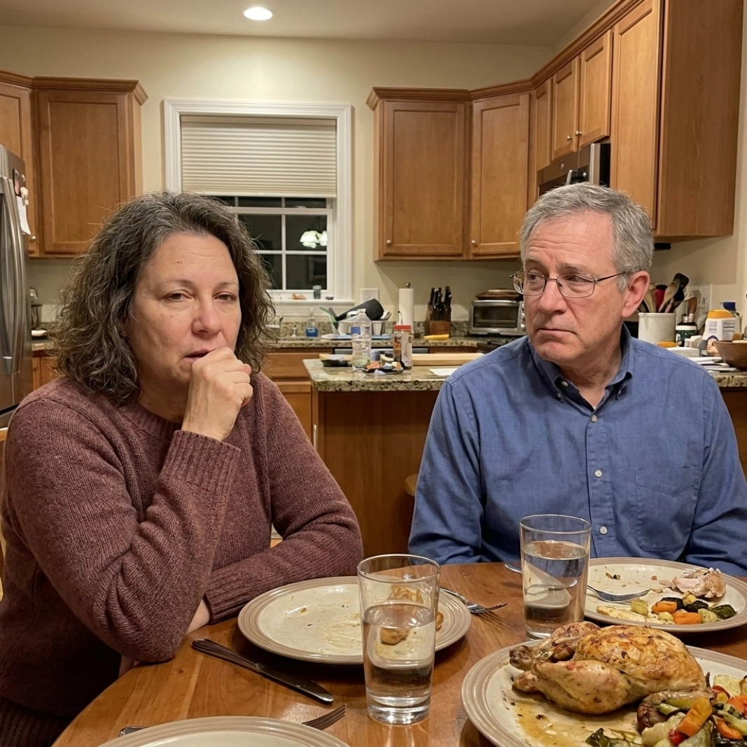 Karen at the dinner table mid throat-clear, her husband glancing over