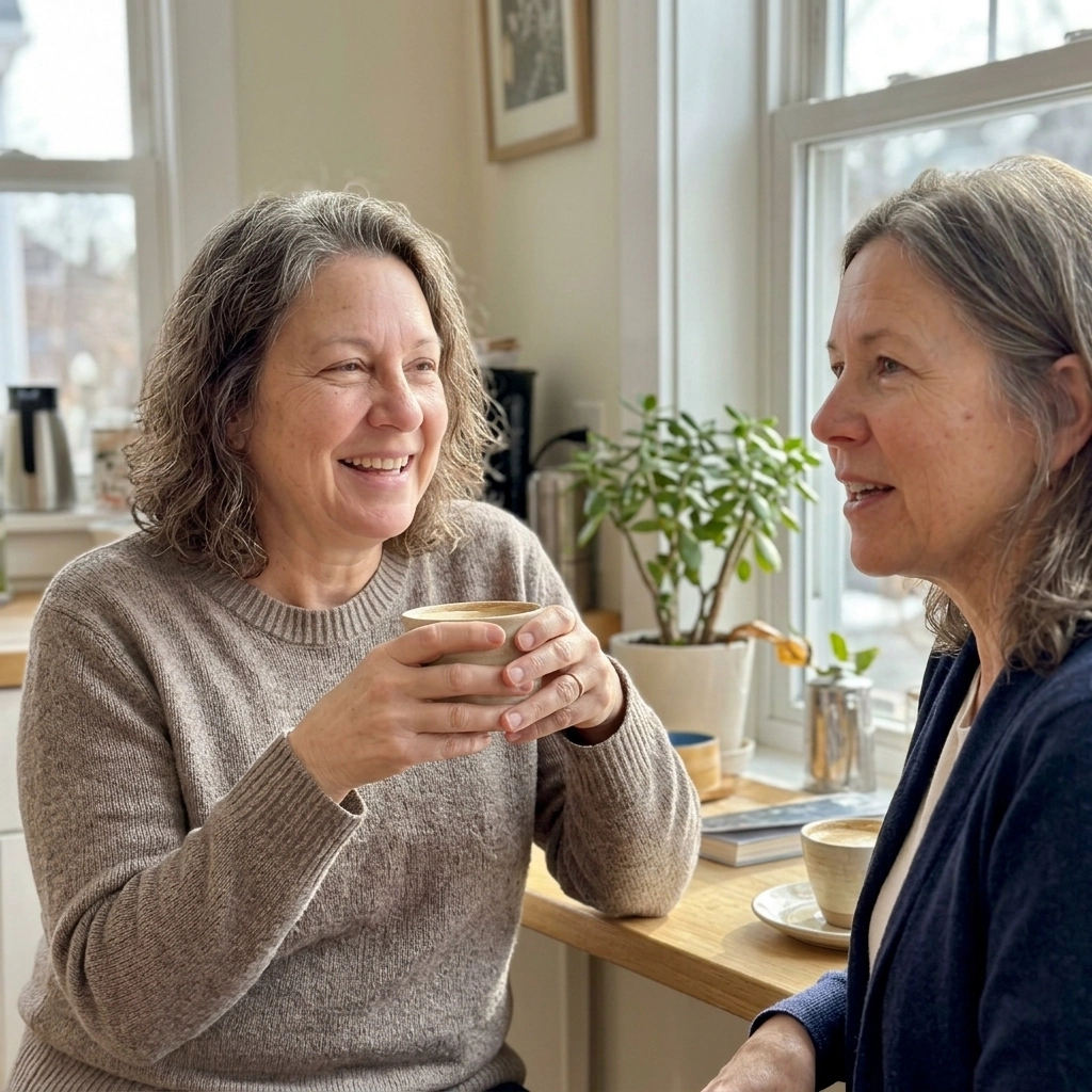Karen relaxed and genuinely happy, drinking coffee with a friend at a sunny table