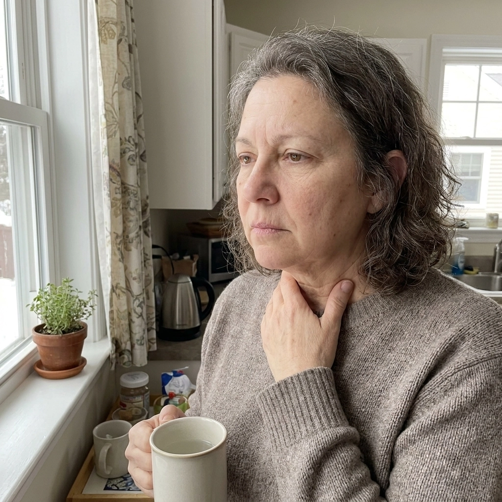 Karen at her kitchen window, hand at her throat, looking worn and sad