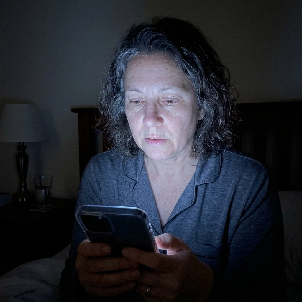 Karen reading her phone in bed at 1 a.m., face lit by the screen