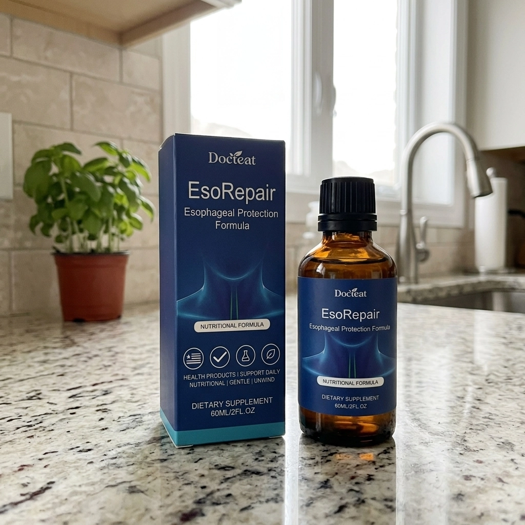 Docteat EsoRepair dropper bottle and box on a kitchen counter