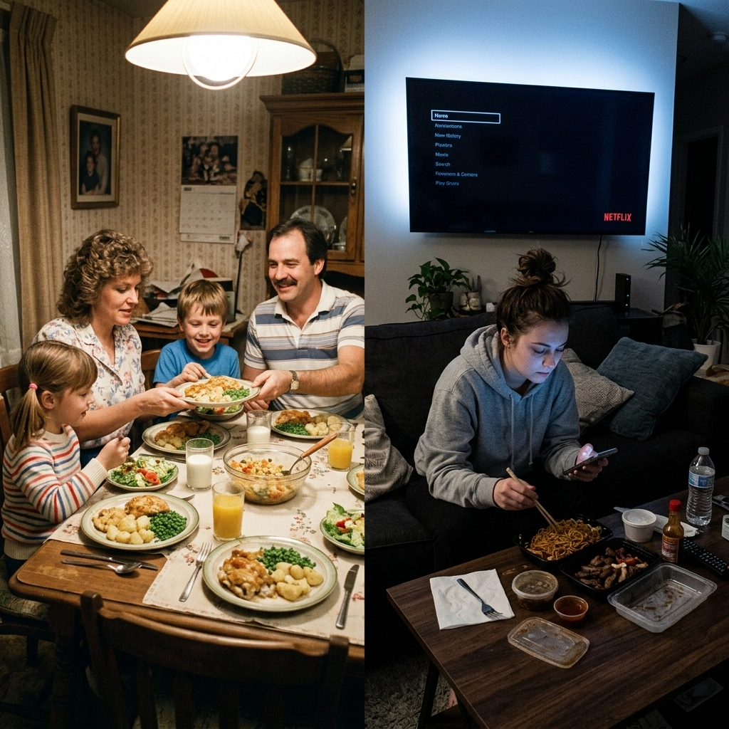 Split scene — a 1980s home-cooked family dinner on the left, a modern late-night couch takeout on the right